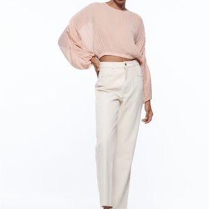 Zara Women’s Sheer Pleated Cropped Top Blouse beige-pink S
